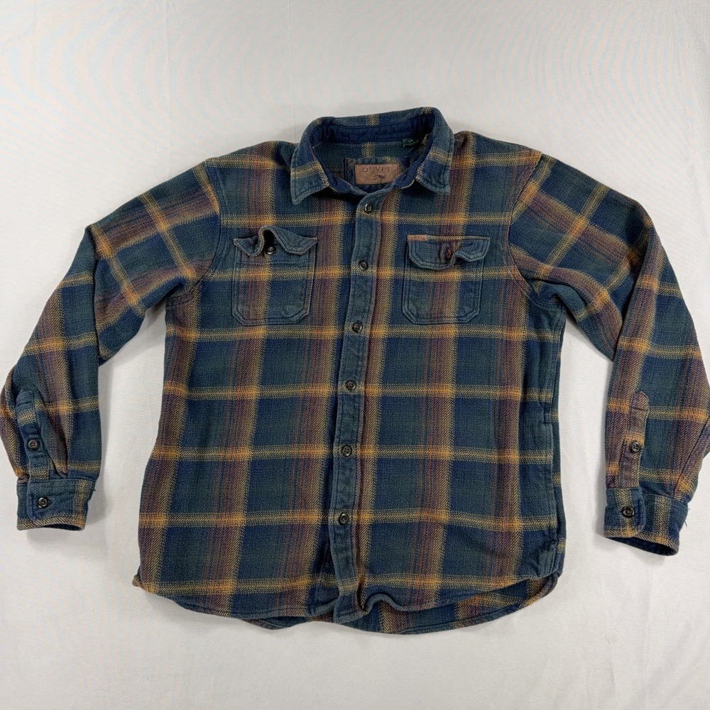 Orvis Flannel Shirt Blue Orange Plaid‎ Heavy Cotton Long Sleeve Mens Large